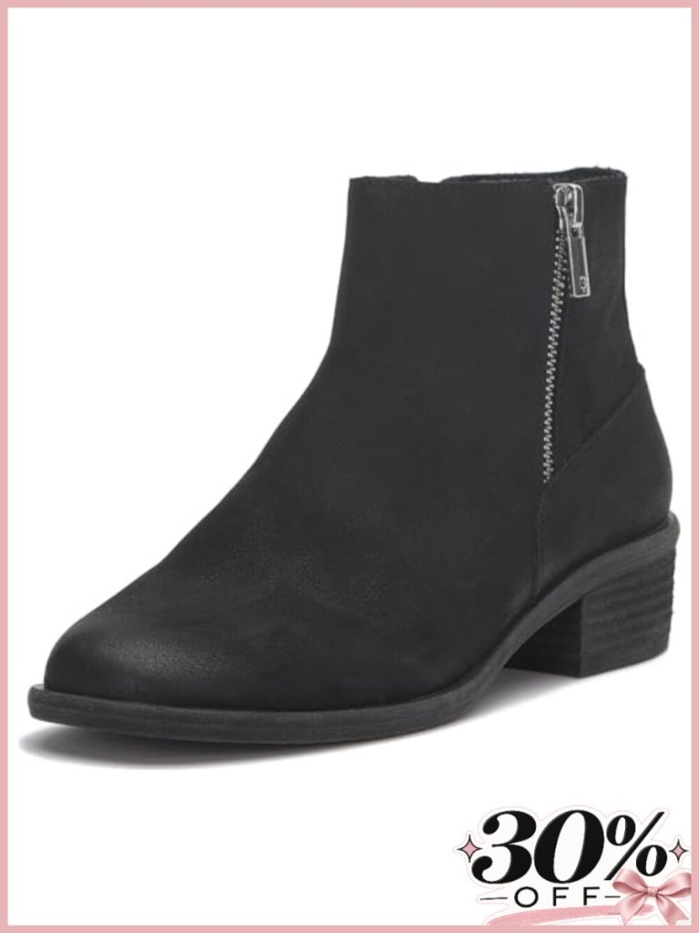 Nubuck Leather Ankle Bootie with Stacked Heel & Almond Toe Zip Closure